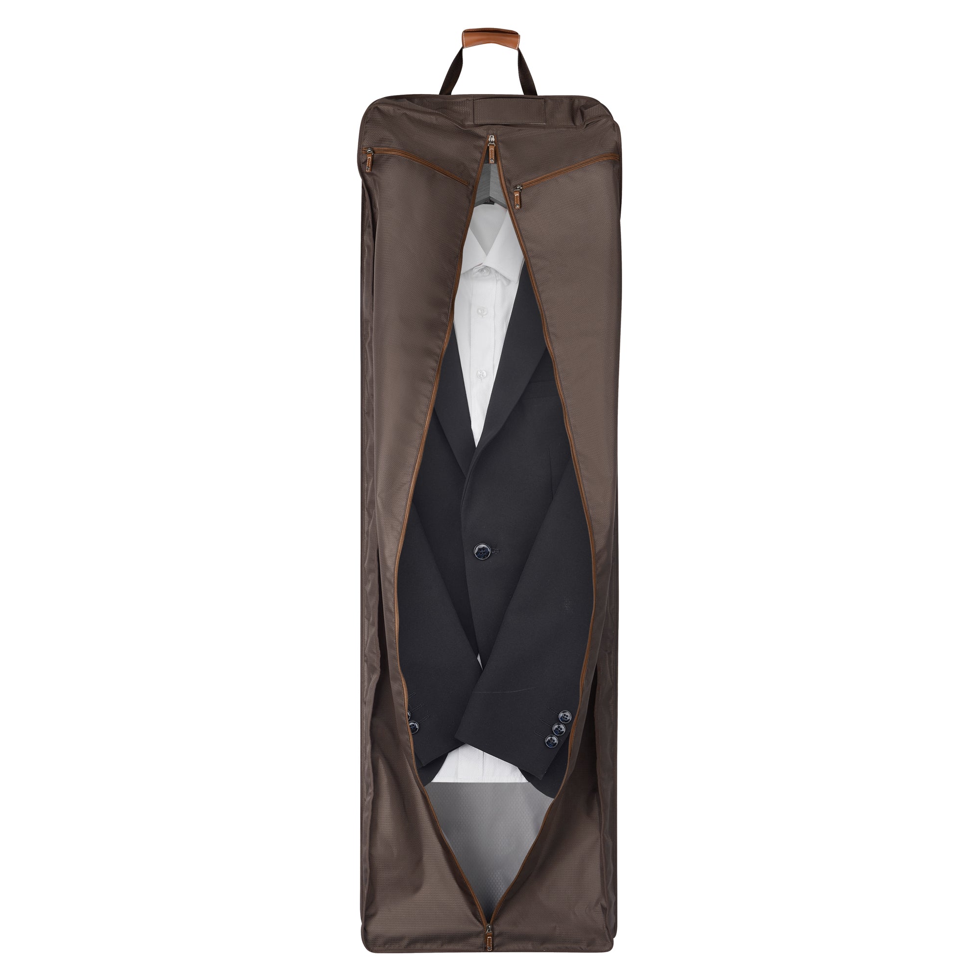 Brown fabric garment cover with zippered closure and carrying handle, protecting a black suit.