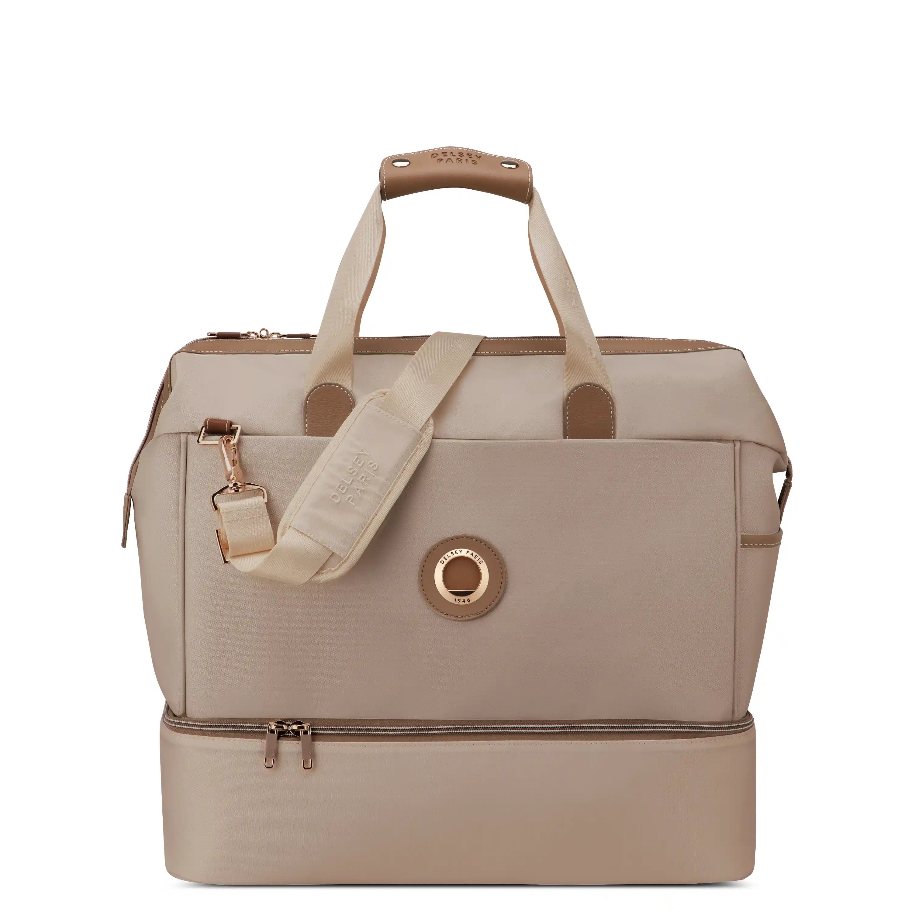 Beige travel bag with a shoulder strap on a white background
